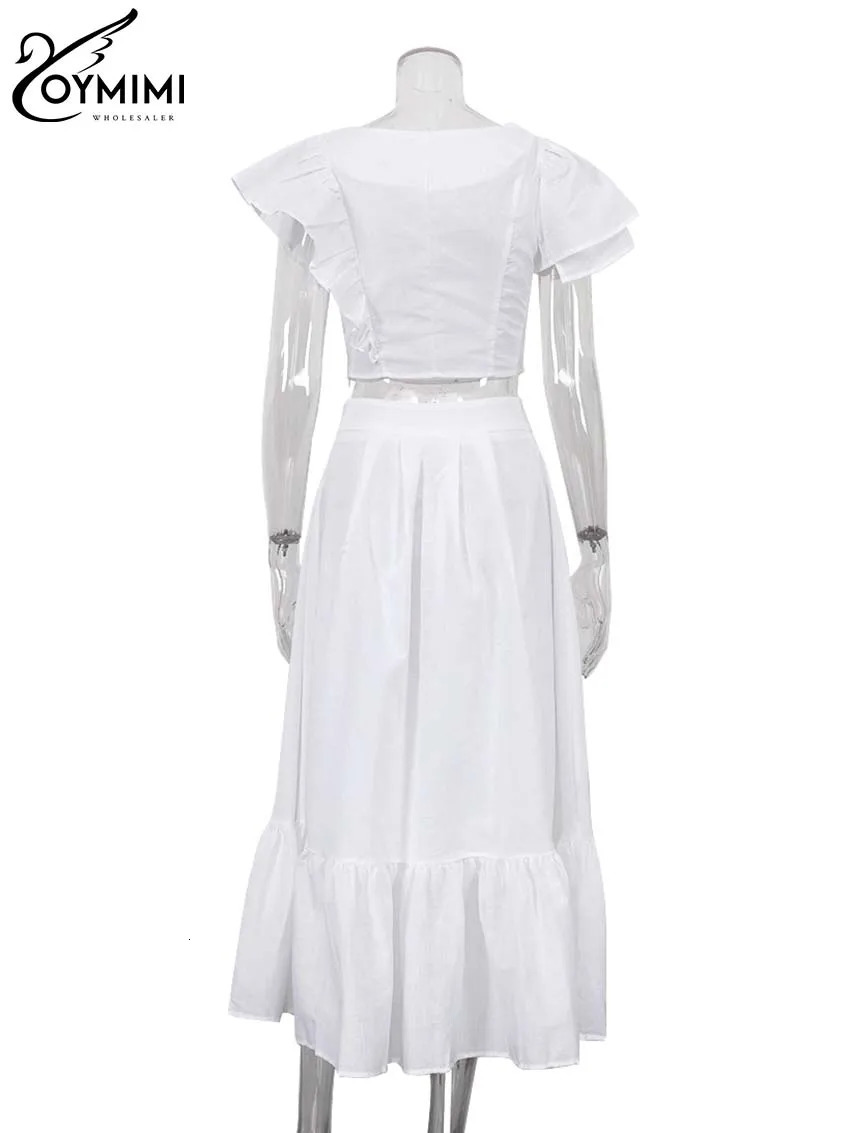 Oymimi Fashion White 2 Piece Sets Women Outfit Elegant ONeck Ruffled Asymmetrical Crop Tops And High Waist Loose Skirts Sets 250709