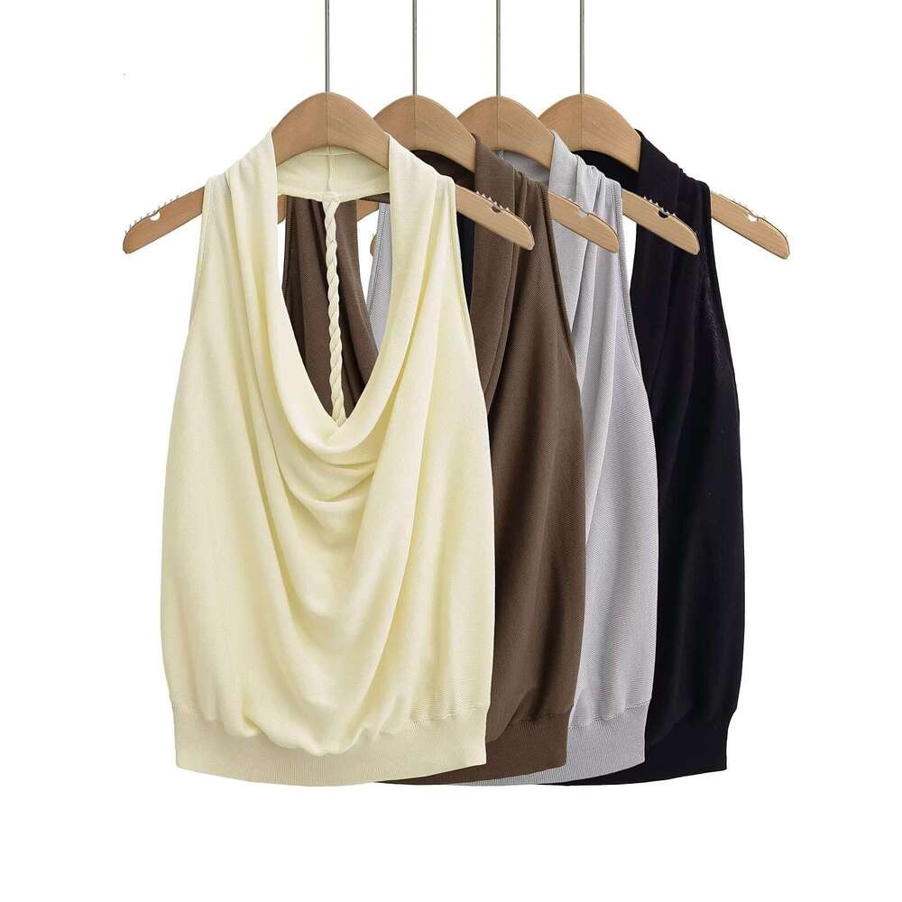 Pure Desire Temperament Off-Shoulder Sleeveless Swing Neck Top For Women Summer Hot Girl Big Backless Solid Color Knitted Vest B5