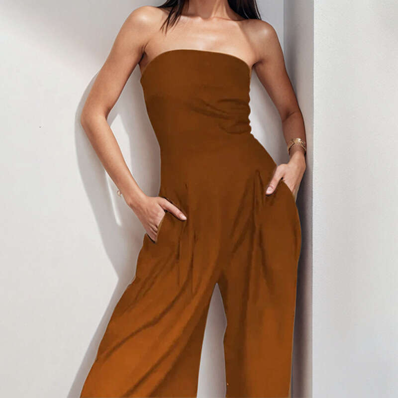 Summer New Women's Fashion Elegant Casual Solid Color Round Neck Slim Straight Jumpsuit B5