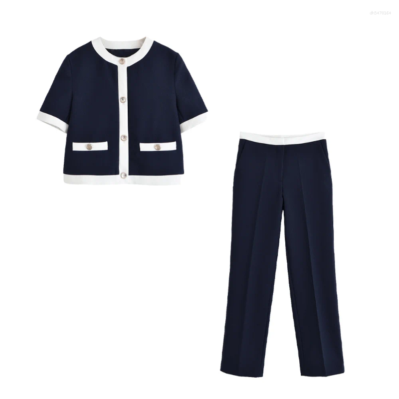 Women's Two Piece Pants UNIZERA Short-sleeved Suit Jacket With Contrast Trim Waist Spring And Summer Clothing