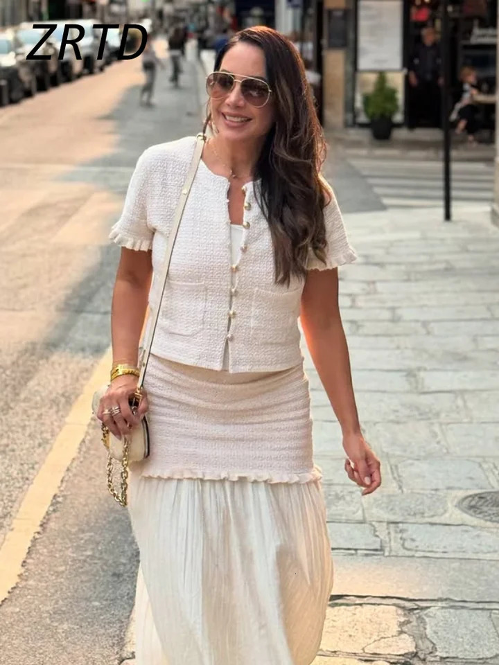 Elegant Knit Cardigan Skirt Sets Women Oneck Short Sleeve Single Breasted Top Spliced Long Skirts Summer Lady Beach Outfit 250709