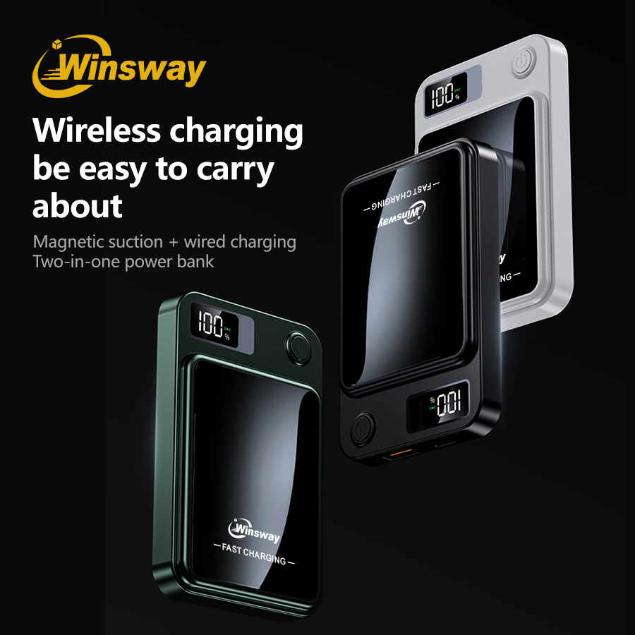 Winsway 5000mAh Magnetic Power Bank LED Power Display Wireless Fast Charger Simultaneously Charge 2 Devices for iPhone Portable Auxiliary Battery Pack