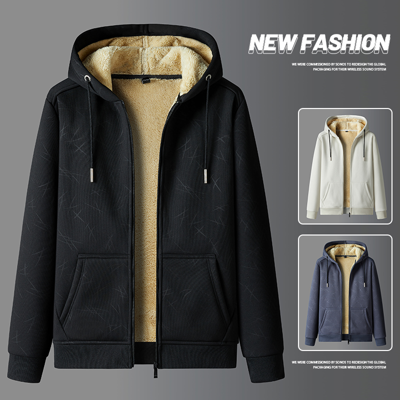 Cross border lambskin men's hoodie with thickened fleece for autumn and winter, hooded sportswear, casual cardigan, and warm jacket