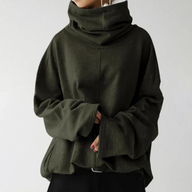 Spring Women Sweatshirt Black Turtleneck Long Sleeve Pockets Loose Hoodies Female Winter Trendy Casual Ladies Clothes 250709
