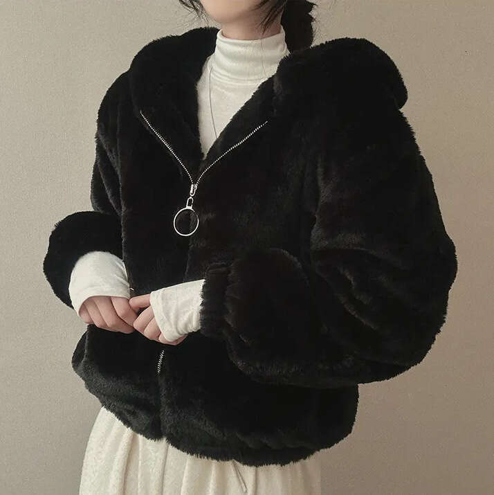 New Korean Autumn Winter French Niche Zipper Hooded Warm Casual Sports Long Plush Jacket For Women B5