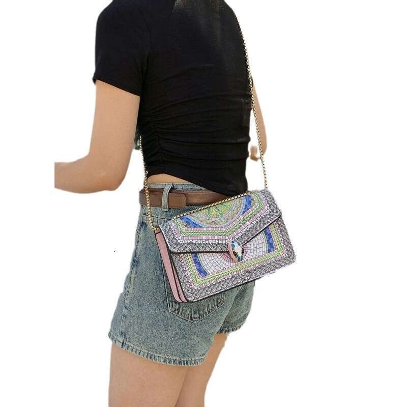 2025 New Color Block Print High-Quality Single Shoulder Korean Style Flap Trendy Chain Crossbody Bag Snake Head