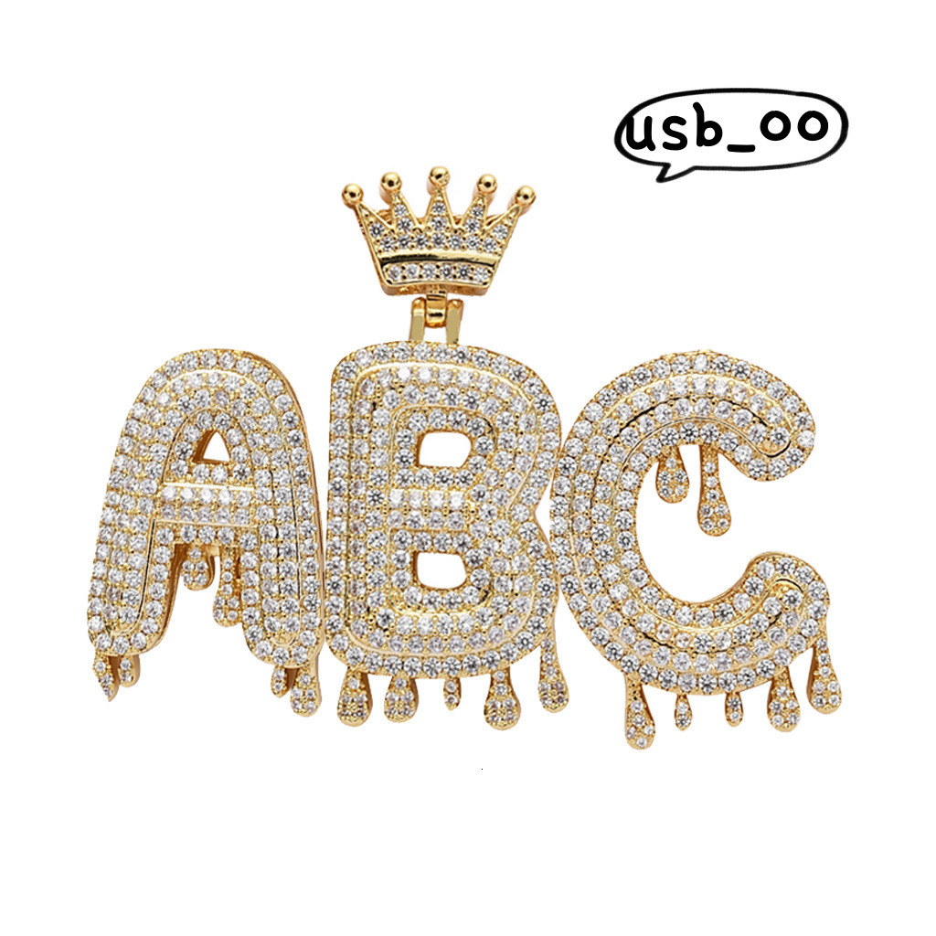 Pendant Crown Water Drop Letter Necklace Gold Plated Brass Moissanite Splicing Letter Name Necklace Custom Hiphop Pendant