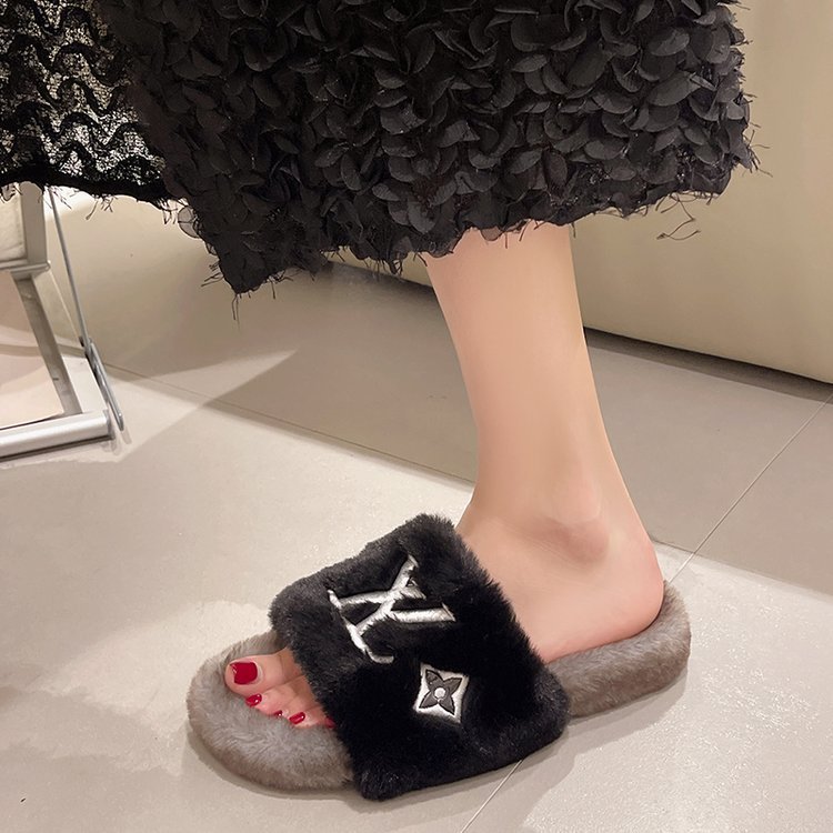 Free shipping designer's new embroidery home one line drag thick bottom color blocked letters for women wearing hairy slippers classics
