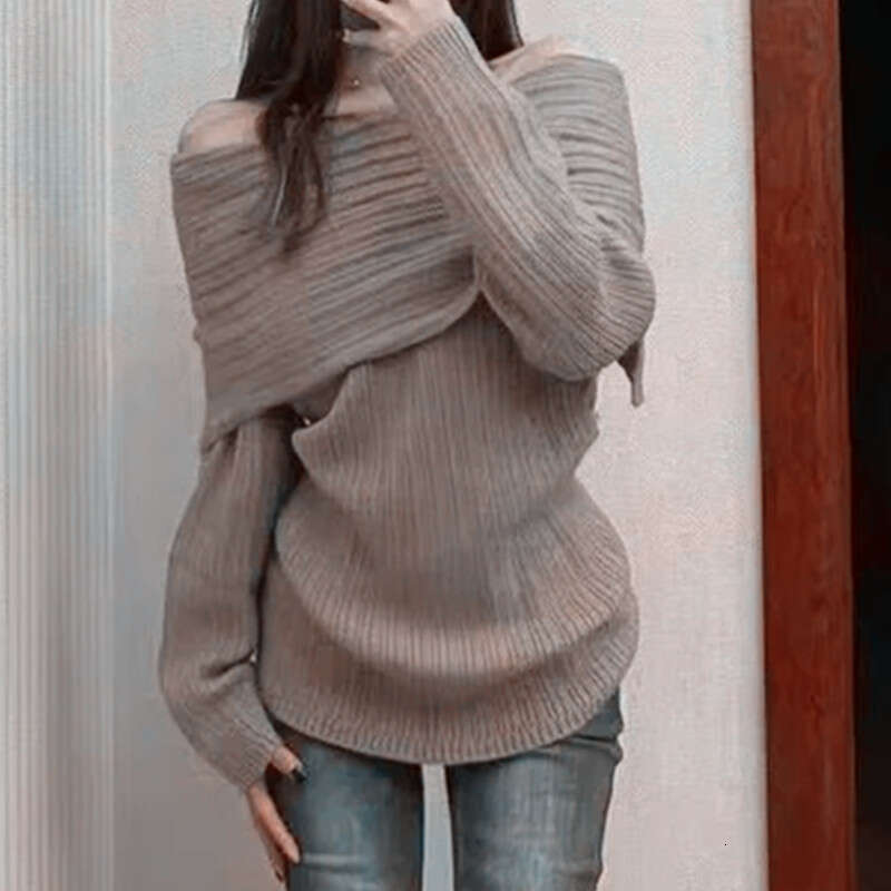 Autumn New Sexy Off-Shoulder Long Sleeve Knitted For Women Thickened Large Collar Pullover Sweater Trendy B5