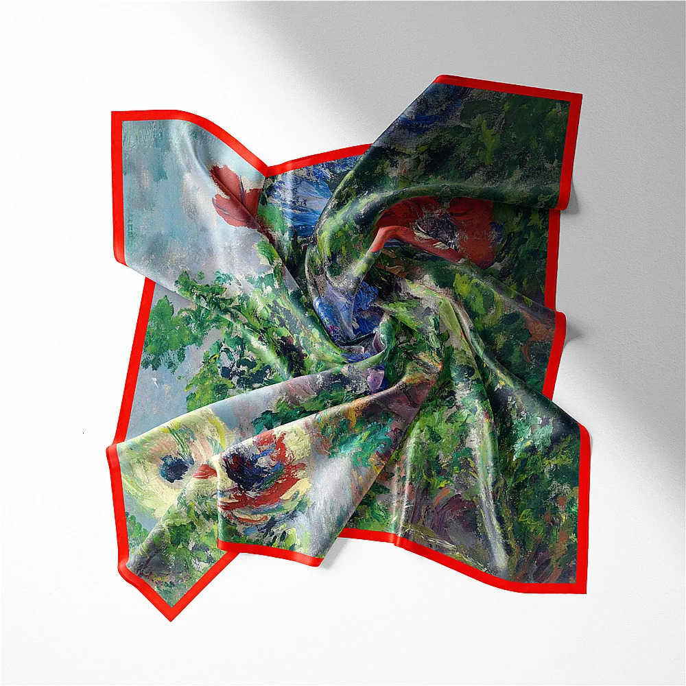 Monet Oil Painting Anemone Twill Silk Scarf Fashion Bandana Women Scarf Wraps 53cm Square Scarves Hijab Scarf Neckerchief M250709
