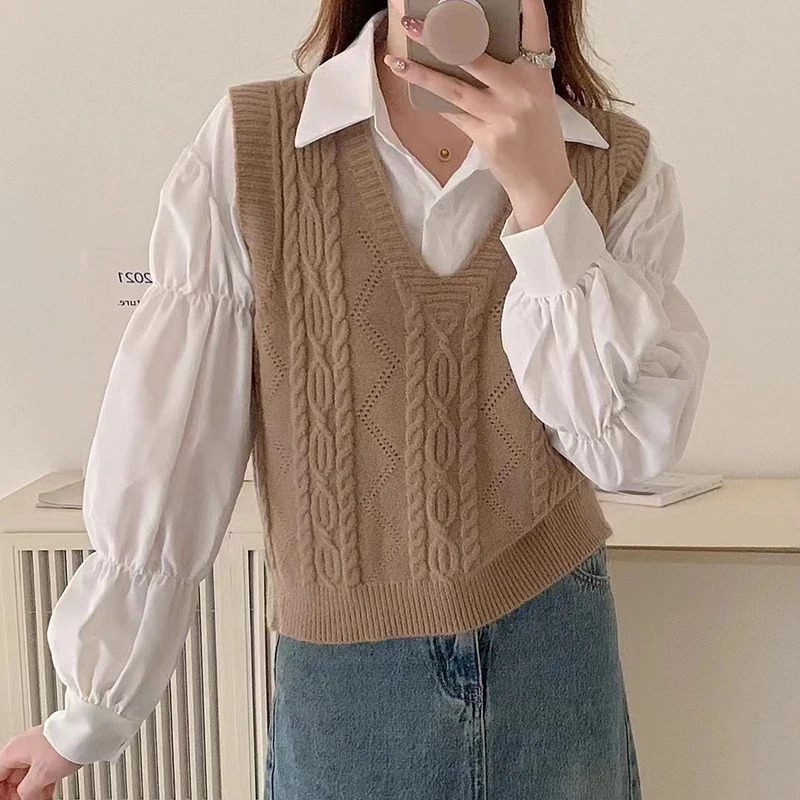HELIAR Women V-neck Sweater Vest Solid Sleeveless Preppy Style Sweet Knitted Vest Female Casual Pullover Waistcoat Fall Winter 250709