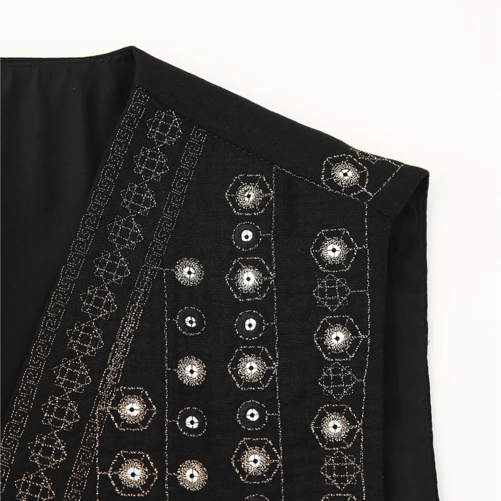 Ethnic Black Embroidery Bling Line Flower Waistcoat Women BOHO Open Sleeveless Vest Jacket Outfits Vacation Loose Tops 250709