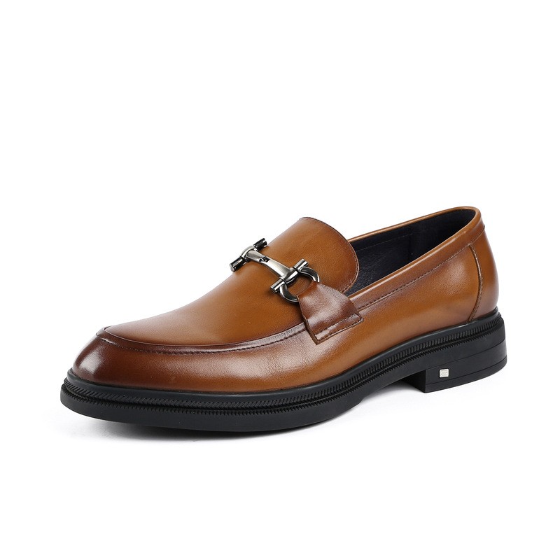 Loafers men's height-enhancing thick sole, leather buckle men's shoes round toe genuine leather soft sole, European style