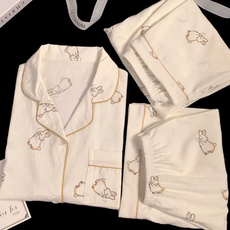 Womens New Korean Simple Rabbit Print Pajamas Spring and Summer Clouds Cotton Three-Piece Set of Fashion Lazy Leisure Home Wear W250709