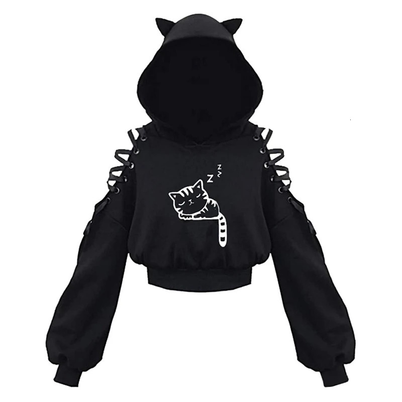 Y2k Gothic Womens Hoodie Cat Ear Crop Top Hooded Sweatshirt Hollow Out Lace Up Long Sleeve Hodded Casual Pullover Autumn 250709