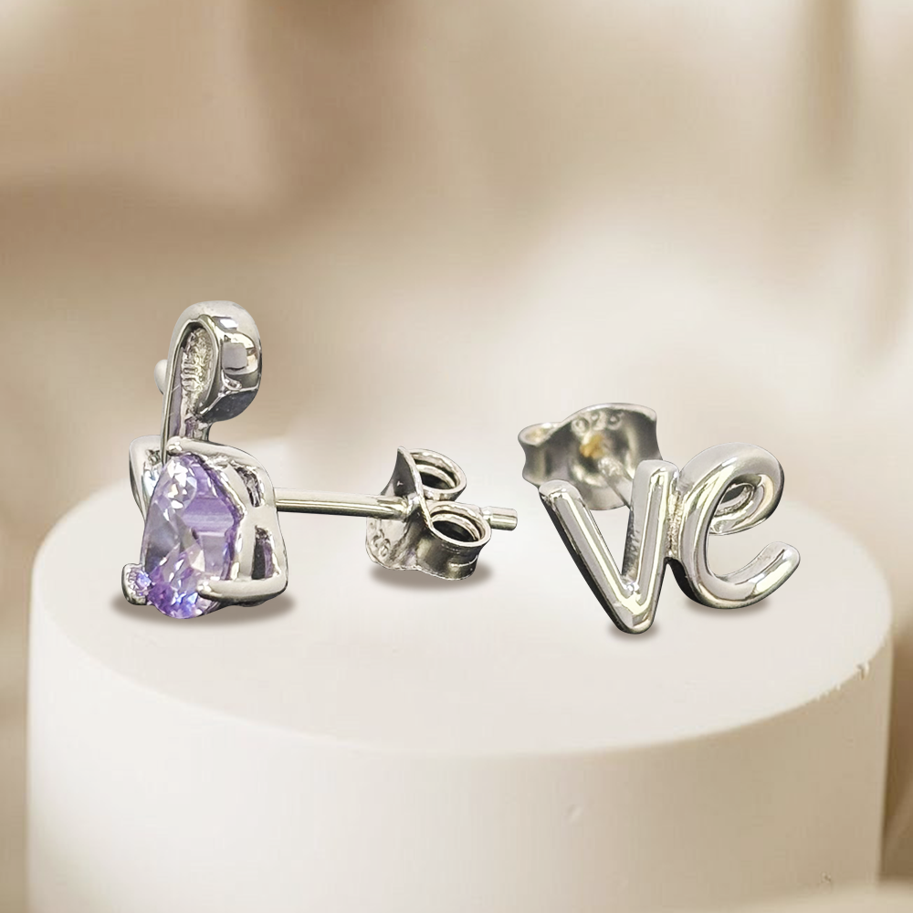 LOVE Eternal Love Violet Zircon Earrings 925 Silver Material Inlaid with Violet Zircon Asymmetric Design Anniversary