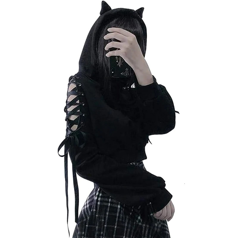 Y2k Gothic Womens Hoodie Cat Ear Crop Top Hooded Sweatshirt Hollow Out Lace Up Long Sleeve Hodded Casual Pullover Autumn 250709