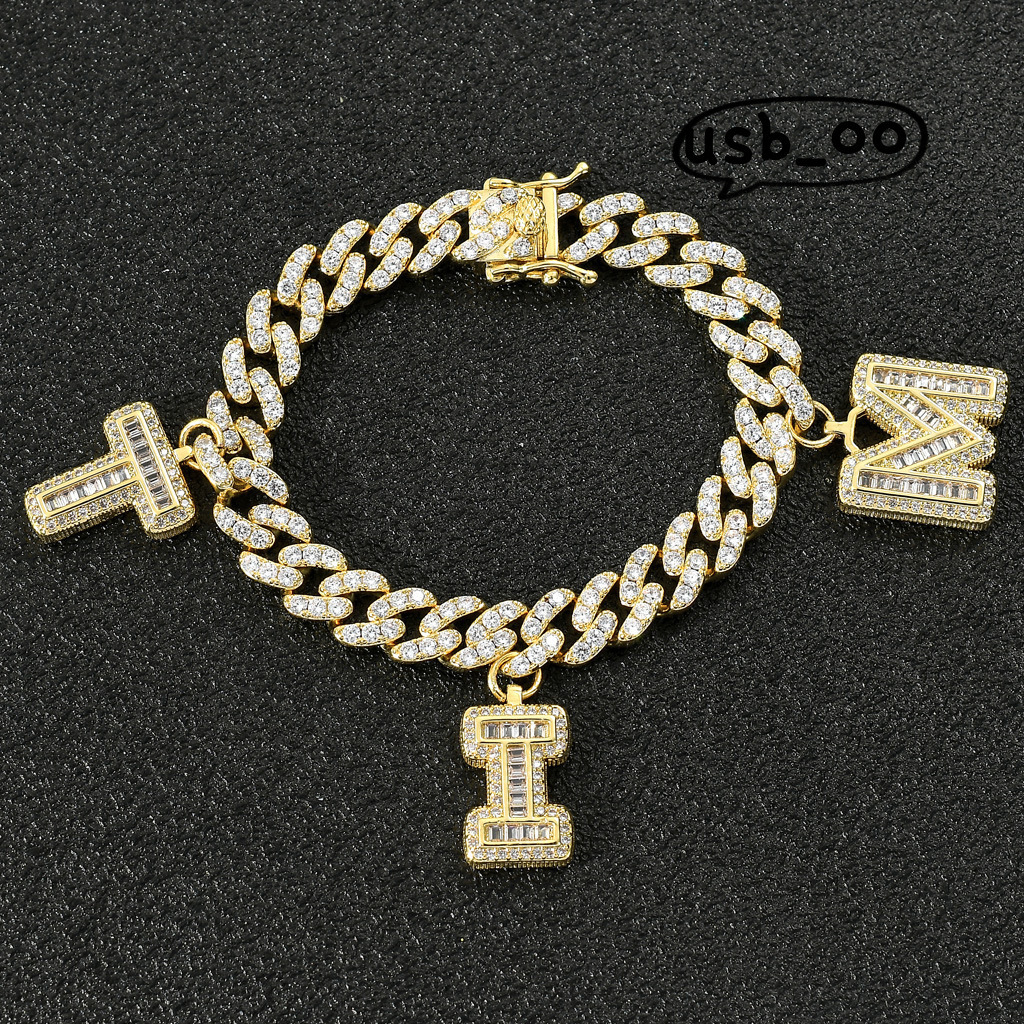 Pendant Icy Name Custom Letter Necklace Personalized 14k Gold Plated Baguette Moissanite Initial 9mm Miami Cuban Link Chain for Men