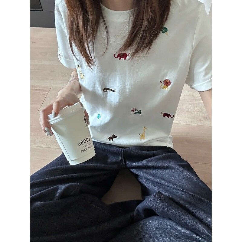 Pure Cotton Korean Style Cute Embroidery Regular Shoulder White Short Sleeve T-Shirt For Women Summer New Design Sense Niche Top B5