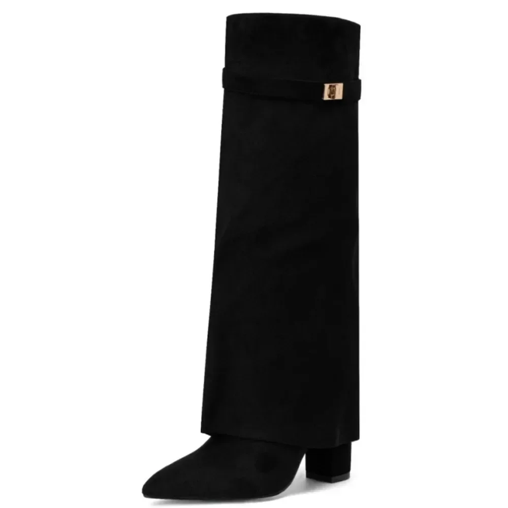 2025Autumn and Winter New Pointed Metal Buckle Knee High Women's Boots, Thick High-heeled Pants Boots, Fashionable Mid Leg Boots