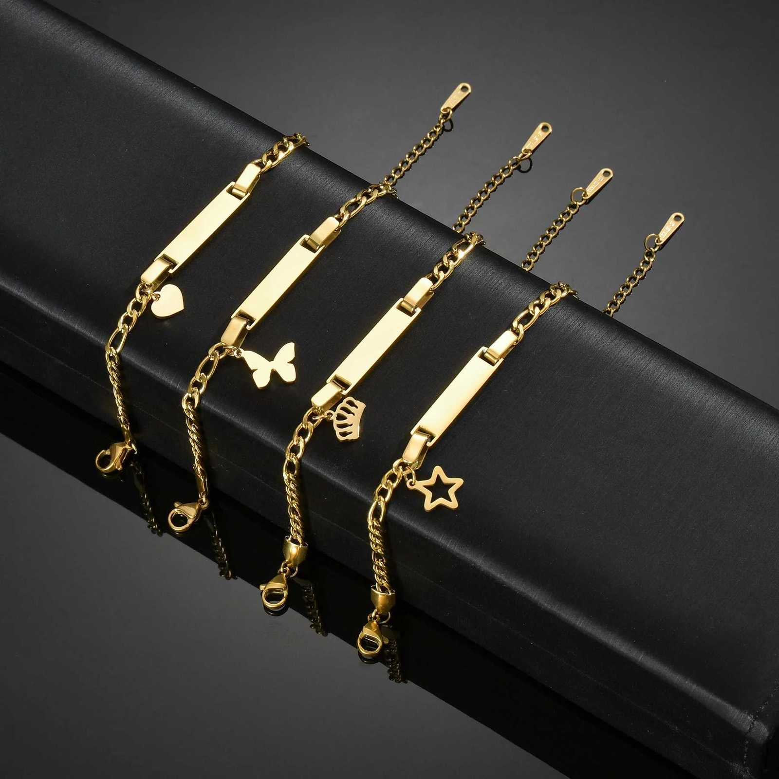 Akizoom Punk Newborn Baby Bracelets Hip Pop Gold Color Stainless Steel Figaro Chain Blank Bar Kids Bracelet Jewelry Birthday Gift W250709