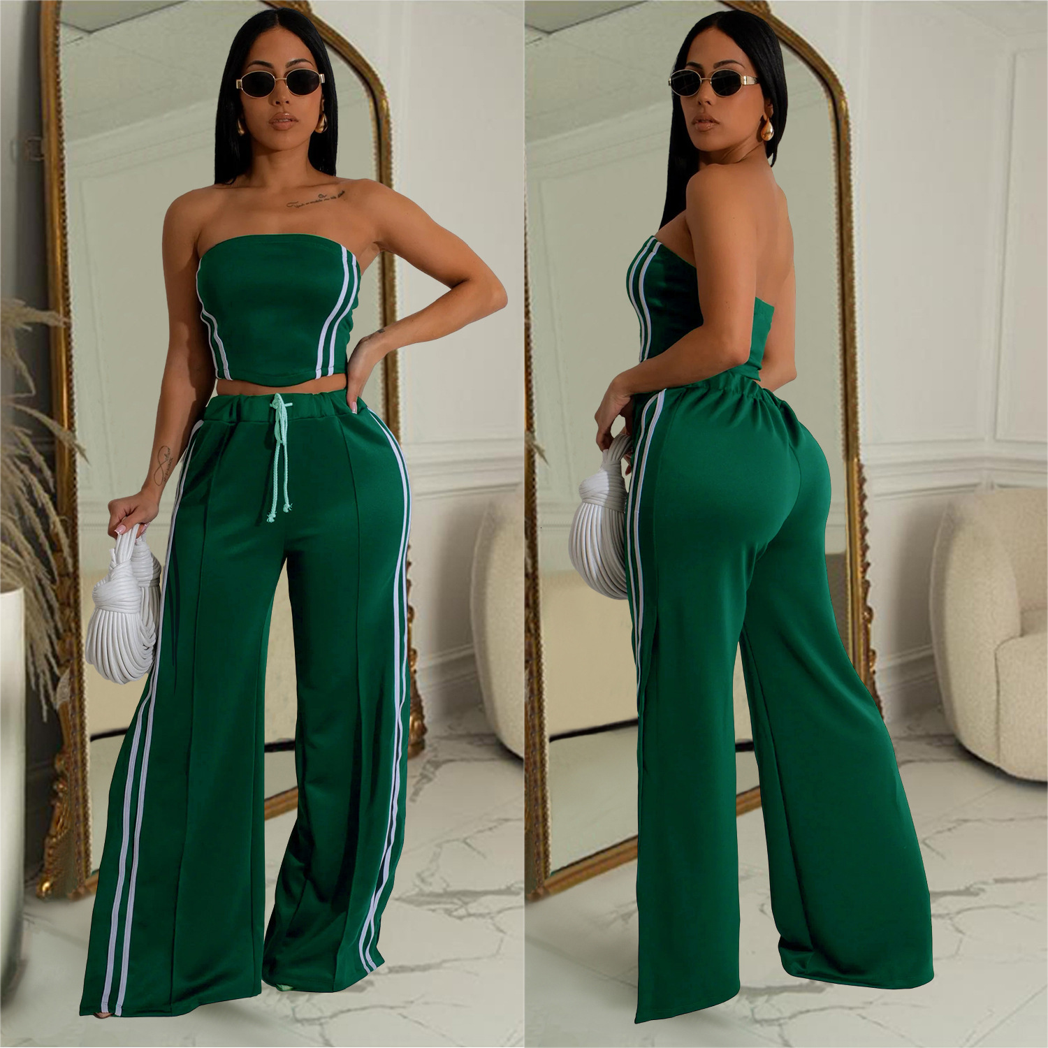 C7056 Summer Womens Outfit Sexy Strapless Top with Draped Straight-Leg Pants Fashion Set