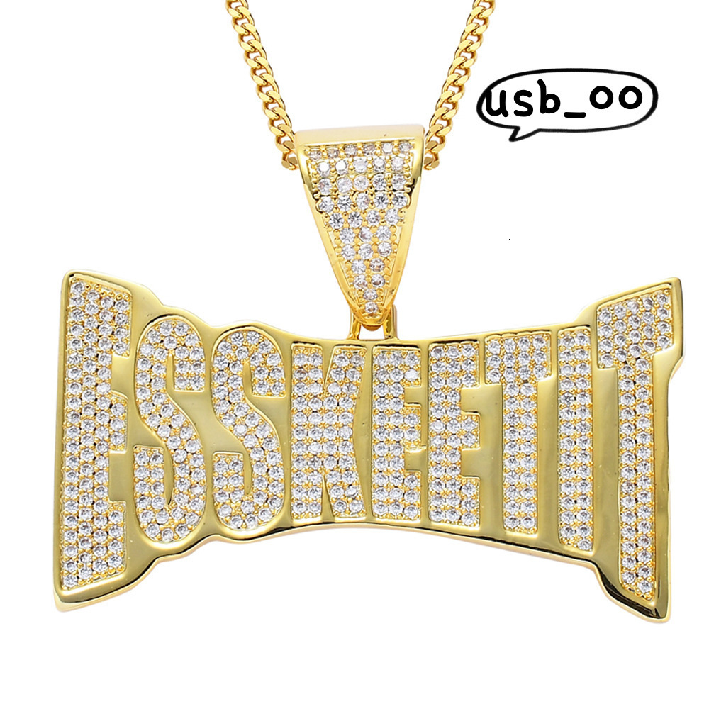 Pendant ESSKEETIT Name Punk Mens Real Gold Plated Hip Hop Style Cuban Chain with Cubic Moissanite Iced Necklace Mainly Made of Brass