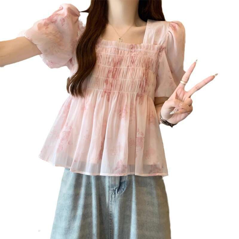 French Style Square Neck Floral Short Sleeve Shirt Women, Summer Plus Size, Slimming, Ruched, Elegant Chiffon Blouse For Women B5