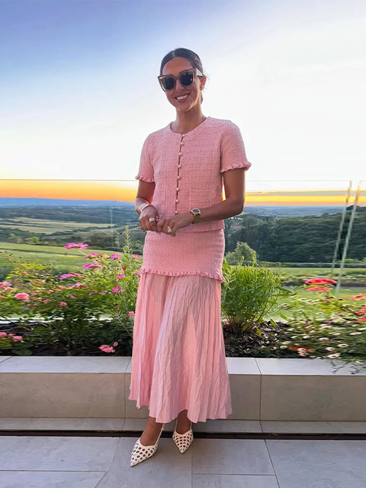 Elegant Knit Cardigan Skirt Sets Women Oneck Short Sleeve Single Breasted Top Spliced Long Skirts Summer Lady Beach Outfit 250709