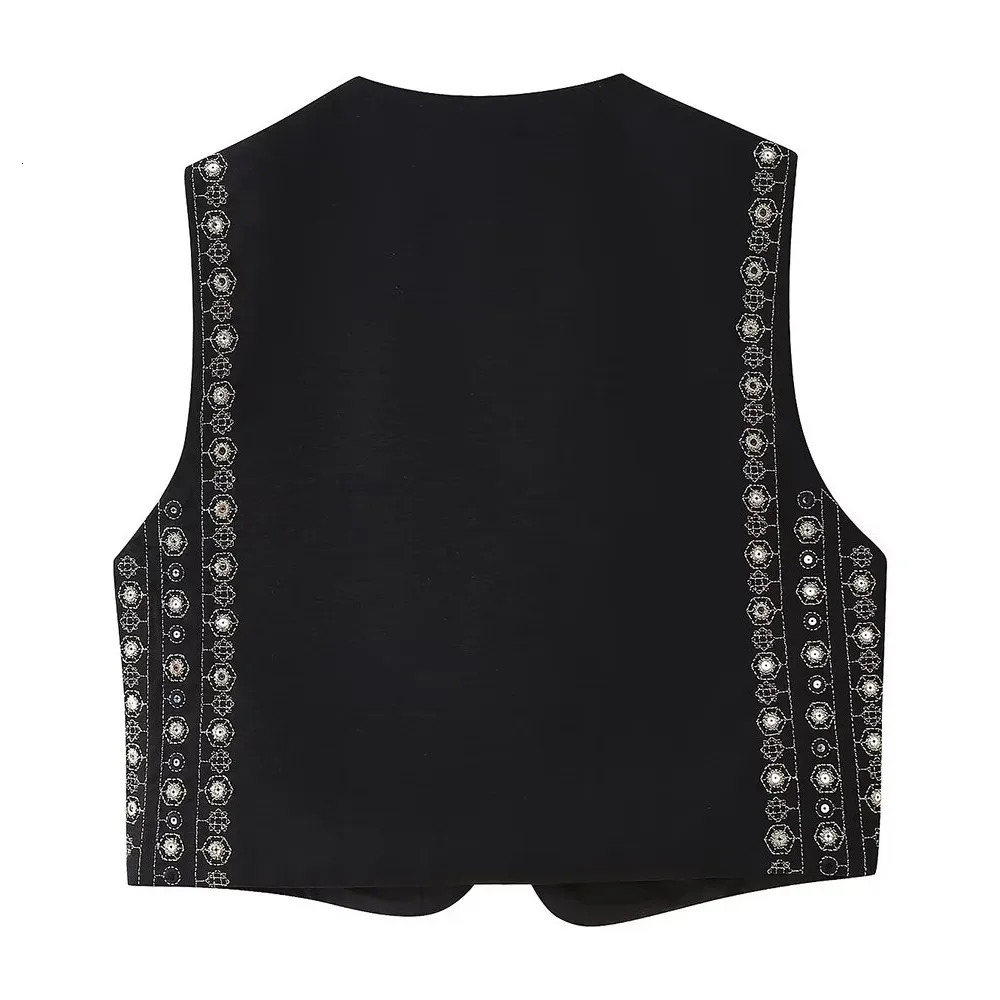 Ethnic Black Embroidery Bling Line Flower Waistcoat Women BOHO Open Sleeveless Vest Jacket Outfits Vacation Loose Tops 250709