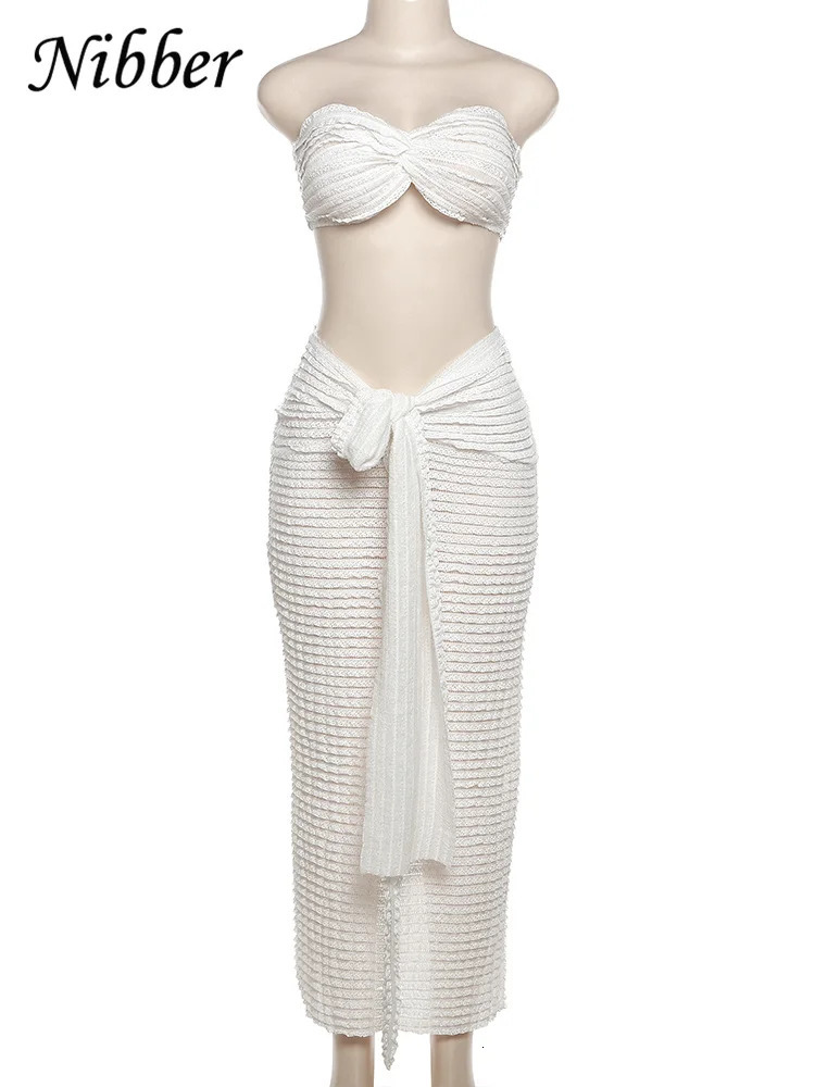 Nibber Elegant Stacked Folds Two Piece Set Women Solid Thin Strapless Chest TopsSlim Skirts Female Streetwear Matching Suit 250709