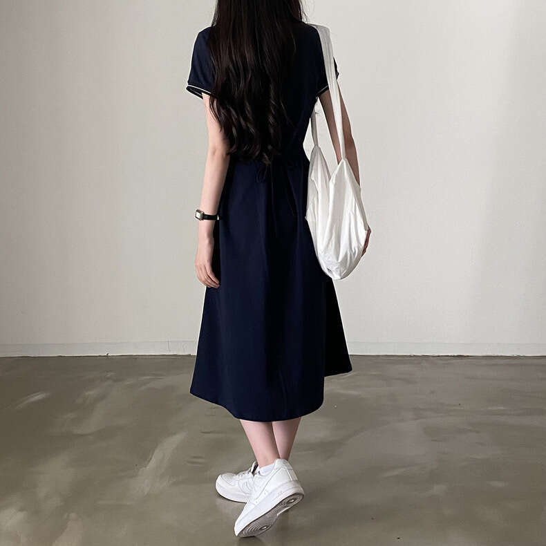 Women's Summer Dress French Style Korean Version Polo Collar Block Trim Waist Slimming Short Sleeve Cotton Solid Color B5