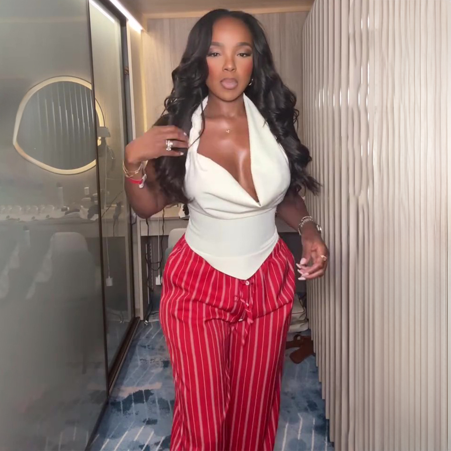 2025 Summer New Sexy Style White Halter Neck Backless High Waist Wide Leg Pants Set