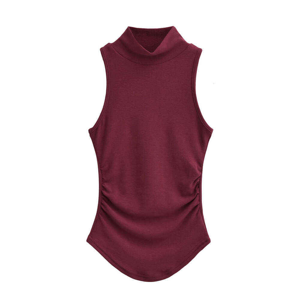 Hot Girl Half High Collar Curved Hem Tank Women Summer Inner Wear Ruched Tight Sleeveless Base Shirt Top B5