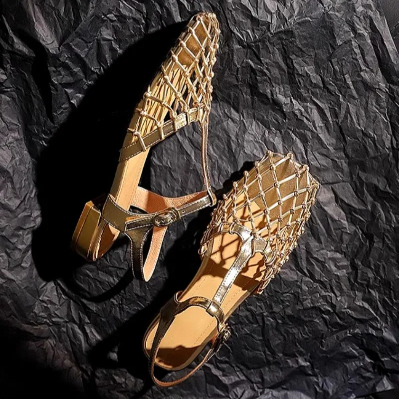 Women Weave Mesh Sandals Square Toe Low Heels Mules Shoes Open Woman Summer 2025 Trend Dress y Pumps Mujer 250703