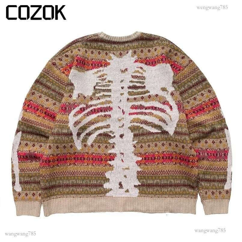 Kapital Vintage Hirata Hiroshi Bone Skeleton Loose Round Neck japan Style Sweater Mens and Womens Color Matching Pullover 240812