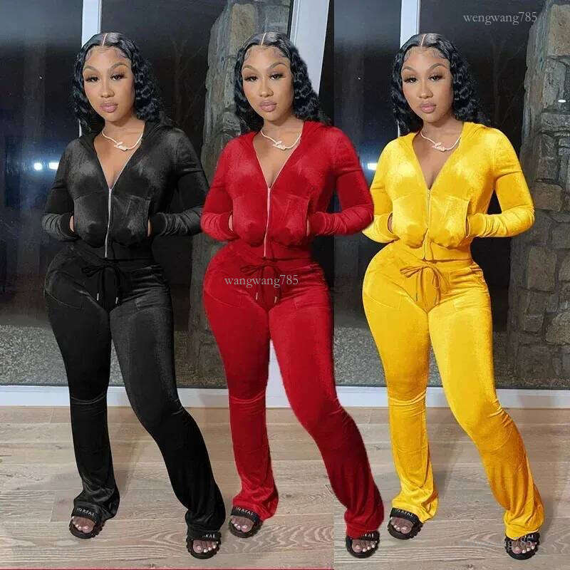 Women Velvet Two Piece Set Autumn Winter Tracksuit Outfits Long Sleeve Hooded Zipper Sweatshirt Drawstring Wide Leg Pants Suit 240807