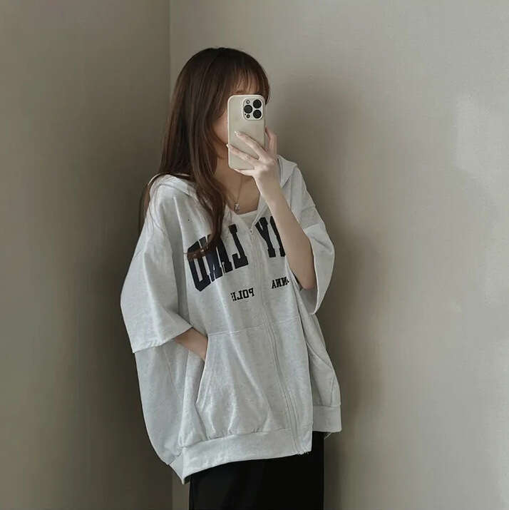 Short Sleeve Cardigan Niche Design Top Gray Sweatshirt Women Spring Summer Korean Style Loose Hoodie Zipper B5