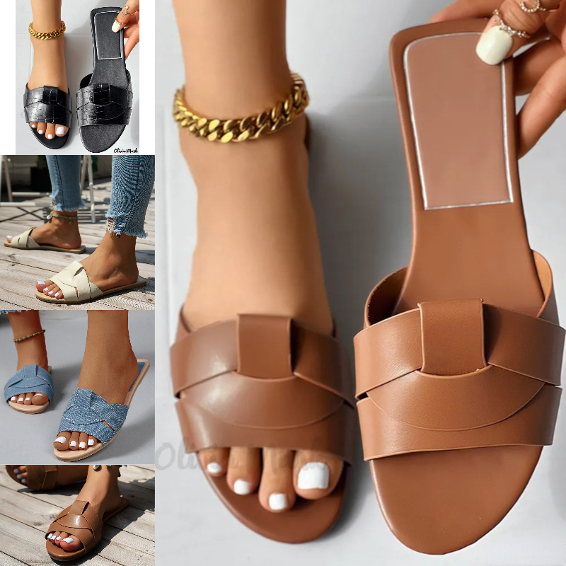 Designer Shoes Flat slippers casual slides womens sliders 2025 Summer Elegant Trend woman Round Toe leather cross weave Beach House slipper luxury san