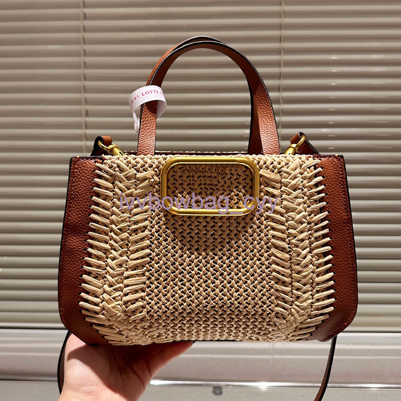 Designer Women v Signature Straw Tote Bag Luxury Brand v Nappa Leather Handle Linen Small Shoulder Bags Lady Crossbody Strap Brown Shopping Handbag 23cm