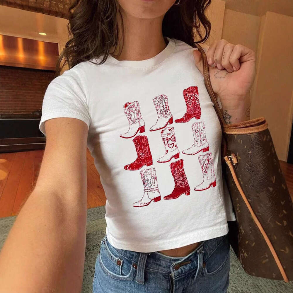 Summer Y2k New Boots Pattern Hot Girl Slim Sexy Black Beauty Style Crop Top Short Sleeve Women's T-Shirt B5