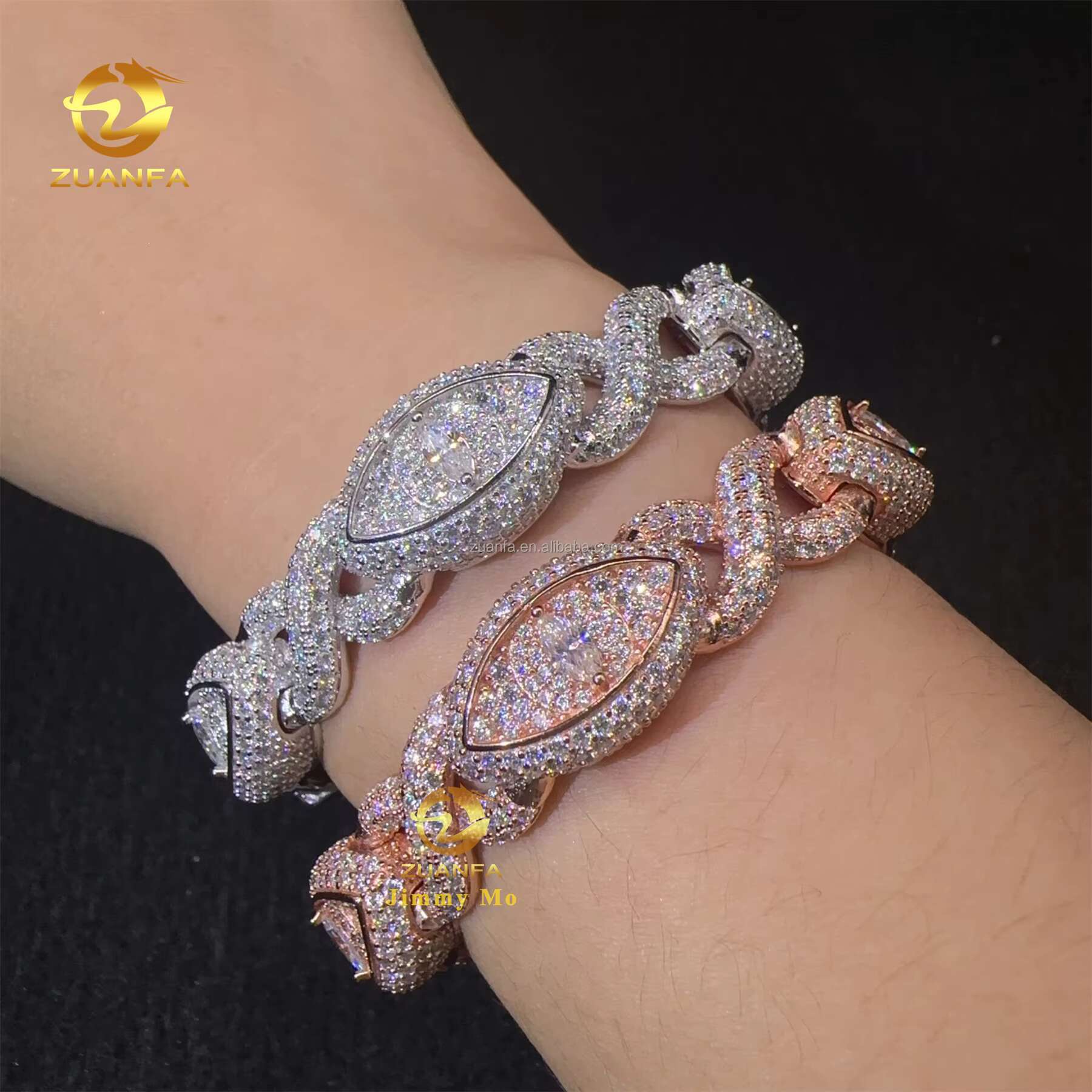 Unique Design 13mm Silver Rose Gold Plated Hip Hop Jewelry Iced Out Men Moissanite Diamond Evil Eyes Infinity Cuban Bracelet