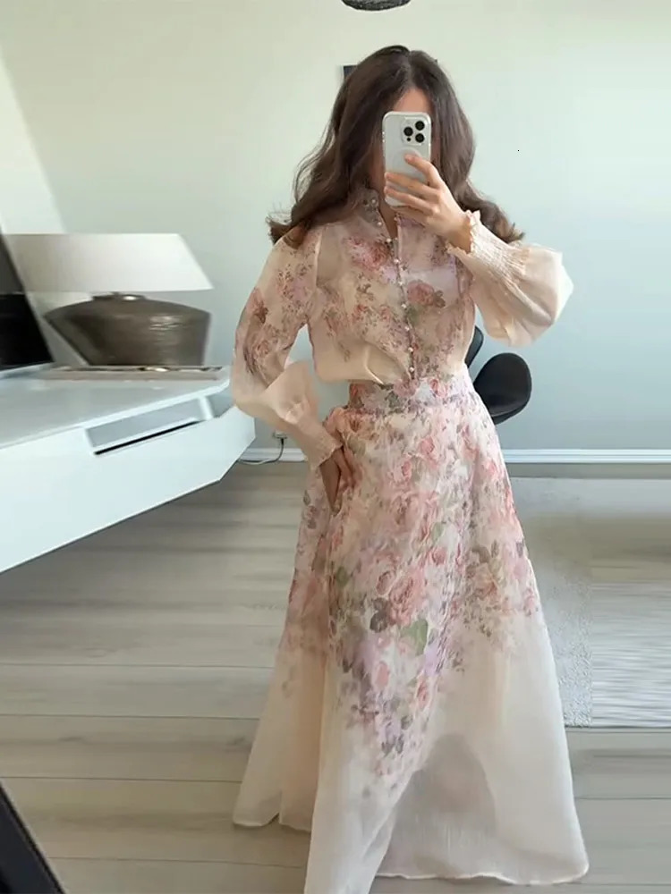 Elegant Womens Floral Maxi Skirt Set Chiffon 2Piece Suit LongSleeve HighNeck Top Matching Skirts Summer Streetwear 250709