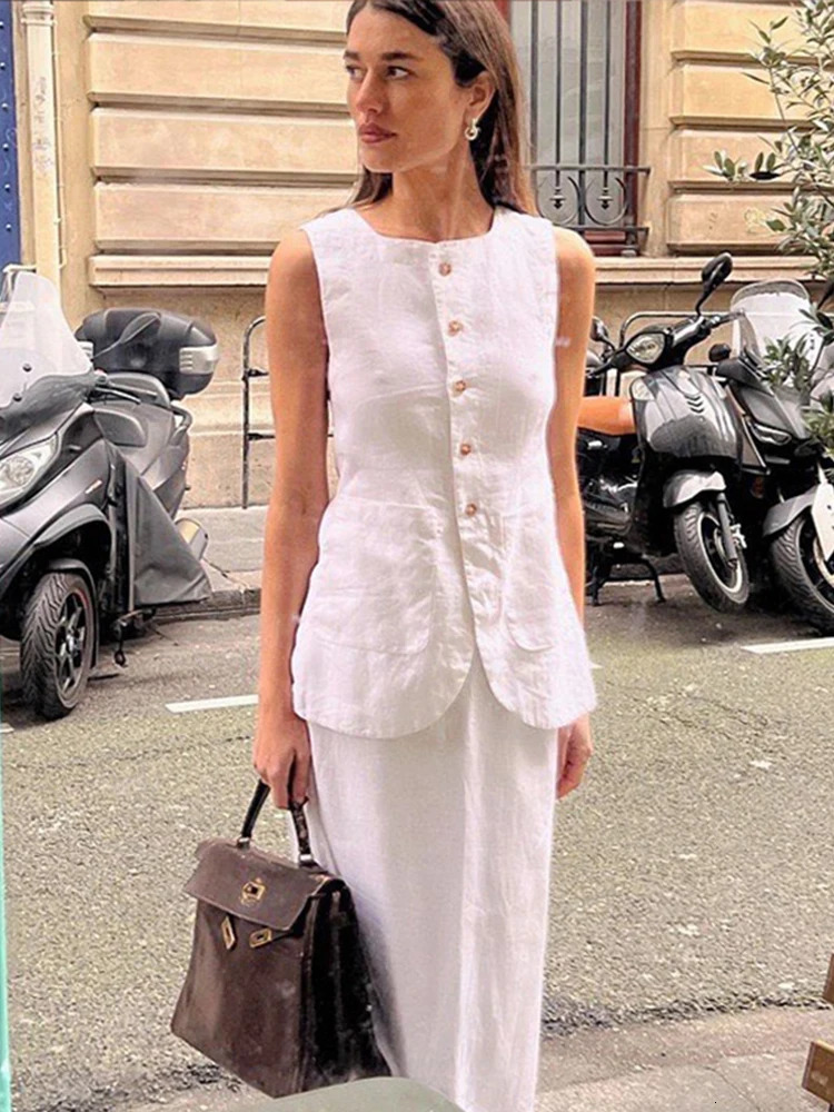 Summer Chic Cotton Linen Long Skirt Set for Women Sleeveless Single Breasted Vest Top with Back Split Maxi Skirts 2 Piece Suits Ladies 250709