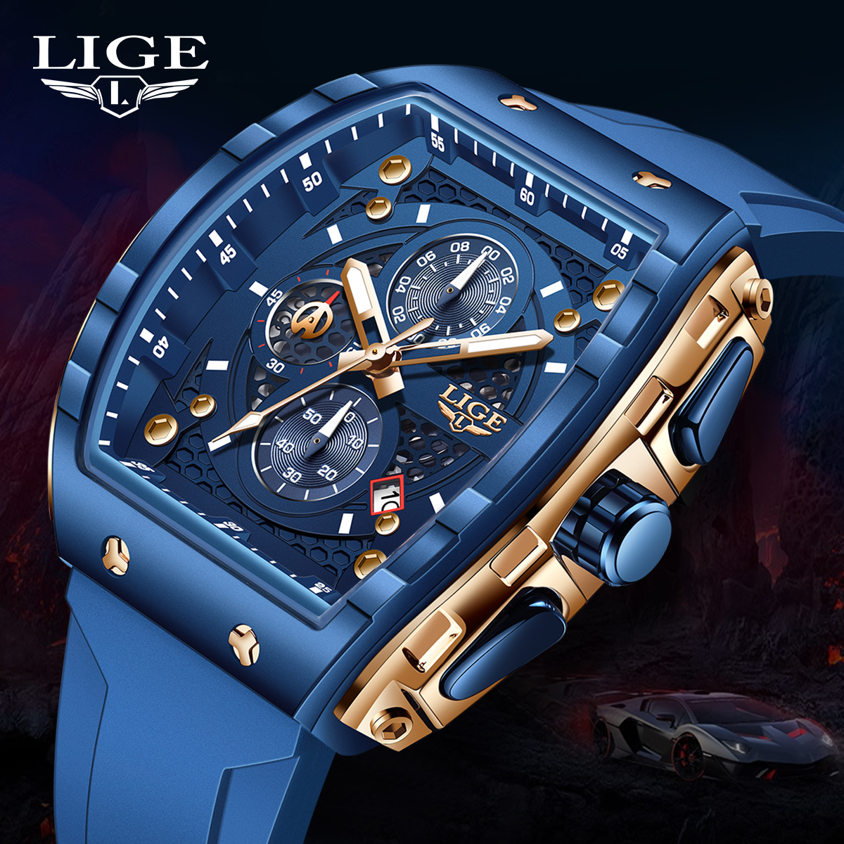 LIGE Top Brand Luxury Square Quartz Watches for Men Fashion Casual Sport 50M Waterproof Man Watch Auto Date Military Chronograph Local warehouse