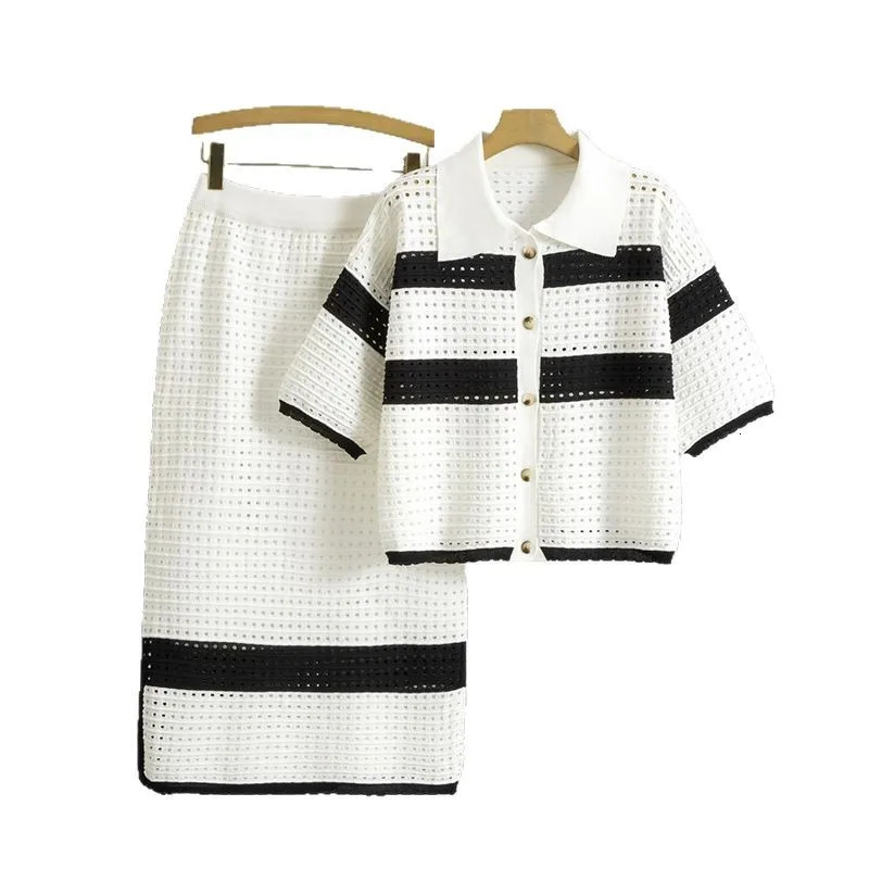 Fashion Lapel Neck Knit Loose TopLong Skirt Sets Knitted Casual Two Pieces in Summer Hollow Out Beach Suits 250709