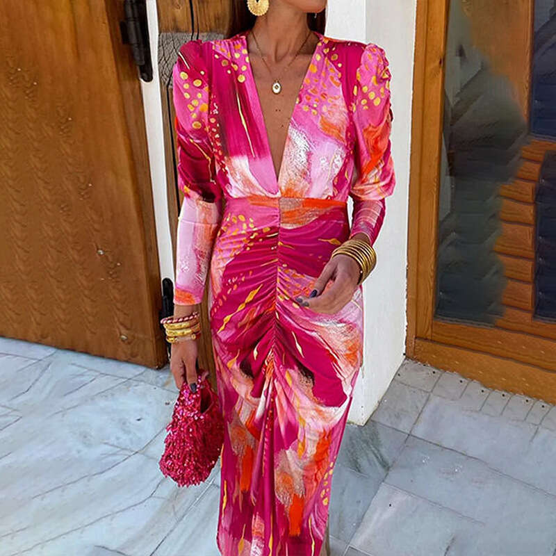 Za Women's Clothing Summer New French Print V-Neck Slim Fit Leg-Of-Mutton Sleeve Long Dress B5