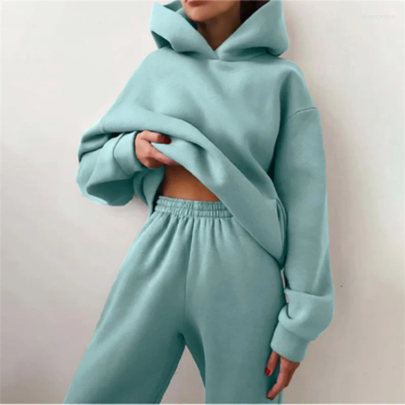 Women's Two Piece Pants Tracksuit Suit Autumn Fashion Warm Hoodie Sweatshirts Pieces Solid Casual Hoody Pullovers Long Pant Sets