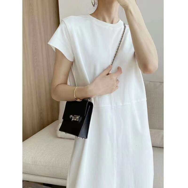 White Niche Design Short Sleeve T-Shirt Straight For Women Summer New High-End Long Dress B5