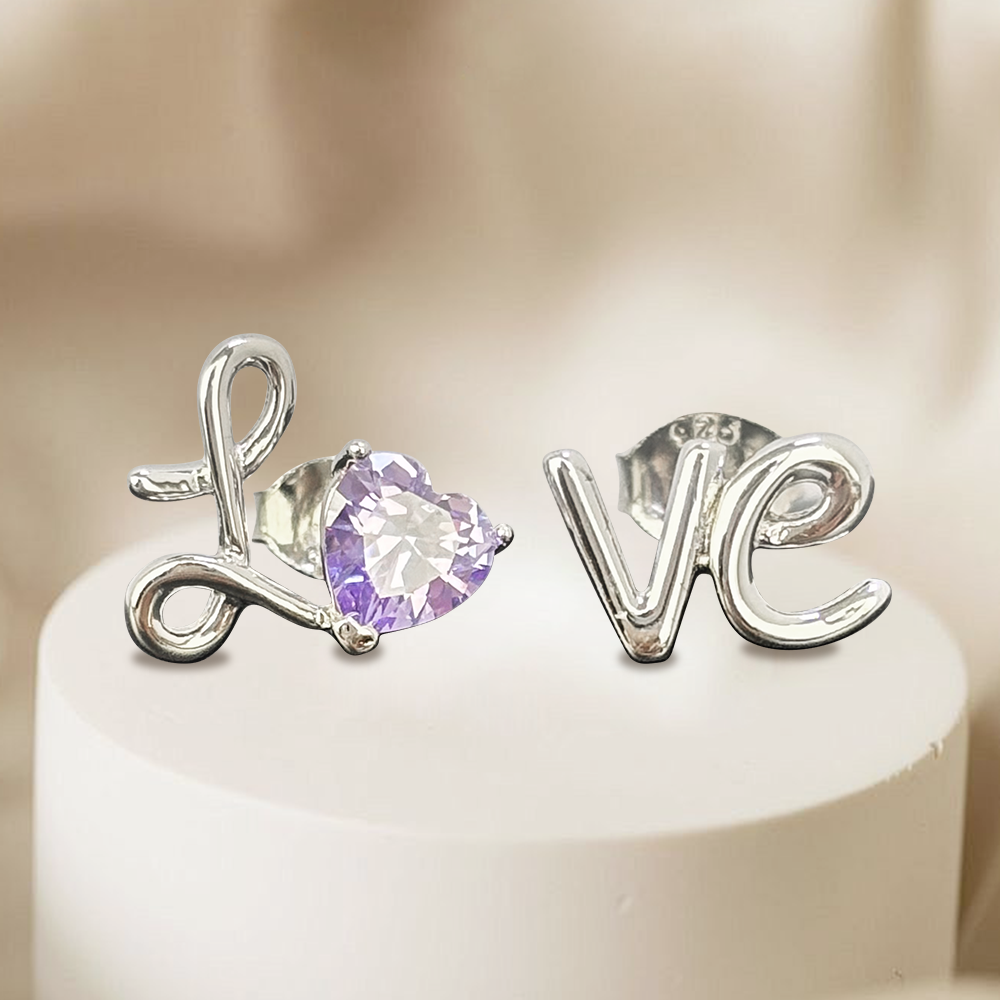 LOVE Eternal Love Violet Zircon Earrings 925 Silver Material Inlaid with Violet Zircon Asymmetric Design Anniversary